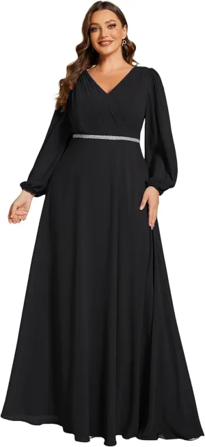 Ever-Pretty Women's Beads Waist Long Sleeves V Neck Plus Size Formal Evening Dresses 01981-DA