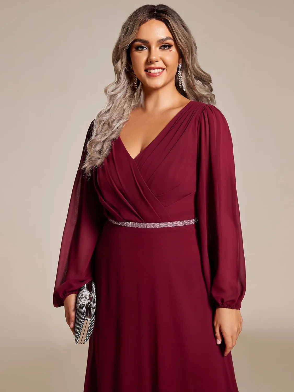Ever-Pretty Women's Beads Waist Long Sleeves V Neck Plus Size Formal Evening Dresses 01981-DA
