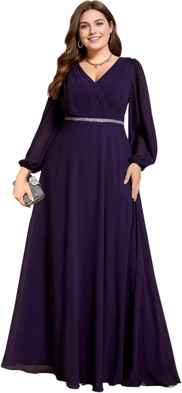 Ever-Pretty Women's Beads Waist Long Sleeves V Neck Plus Size Formal Evening Dresses 01981-DA