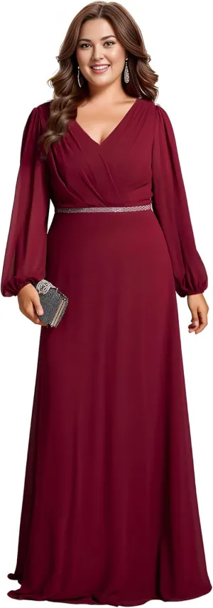 Ever-Pretty Women's Beads Waist Long Sleeves V Neck Plus Size Formal Evening Dresses 01981-DA