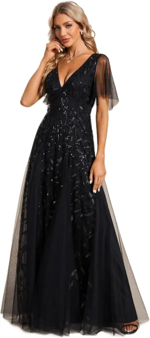 Ever-Pretty Women's Sequin Sparkly V-Neck Short Sleeve Maxi Evening Dress 00734