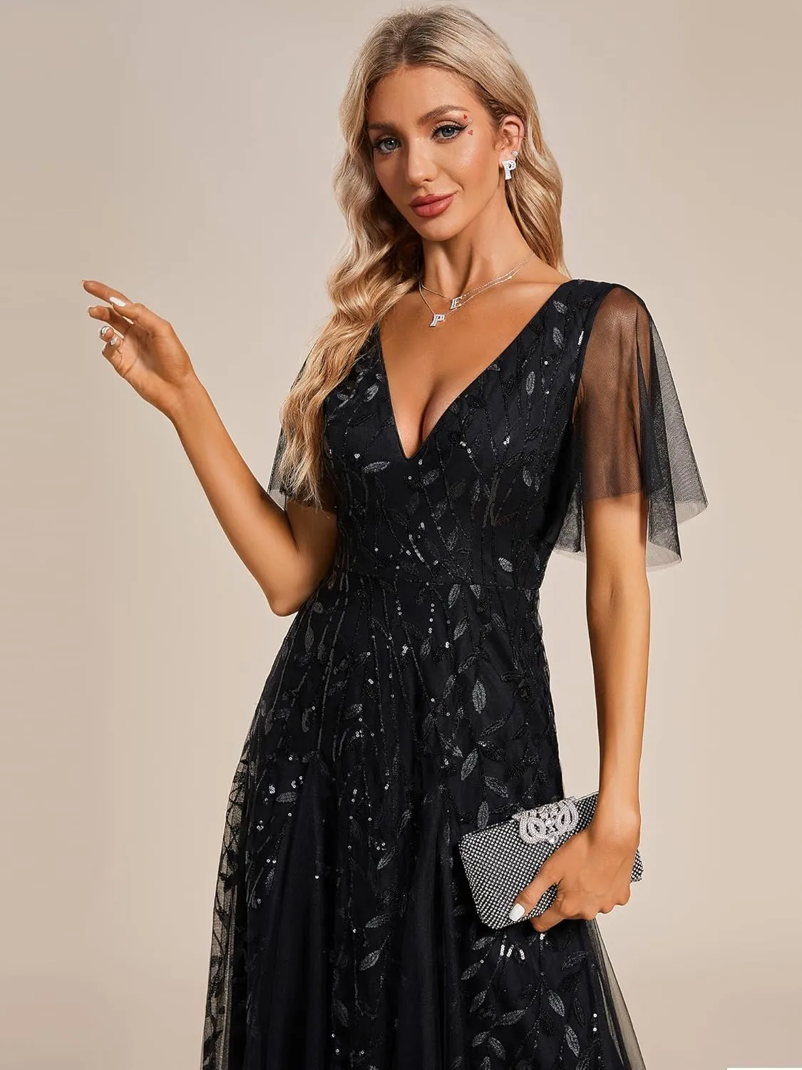 Ever-Pretty Women's Sequin Sparkly V-Neck Short Sleeve Maxi Evening Dress 00734