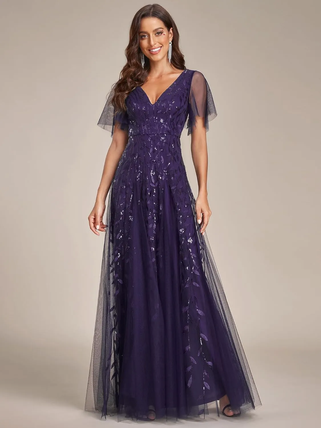 Ever-Pretty Women's Sequin Sparkly V-Neck Short Sleeve Maxi Evening Dress 00734