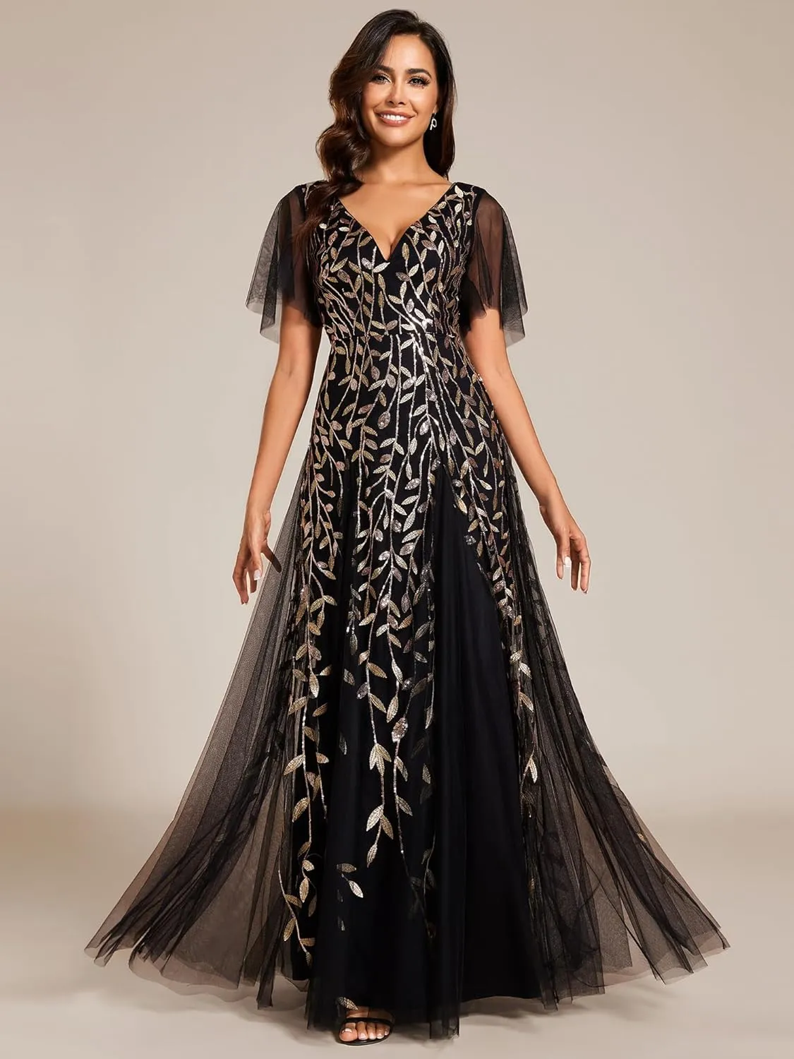 Ever-Pretty Women's Sequin Sparkly V-Neck Short Sleeve Maxi Evening Dress 00734