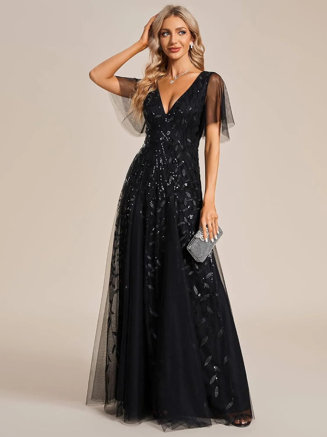 Ever-Pretty Women's Sequin Sparkly V-Neck Short Sleeve Maxi Evening Dress 00734