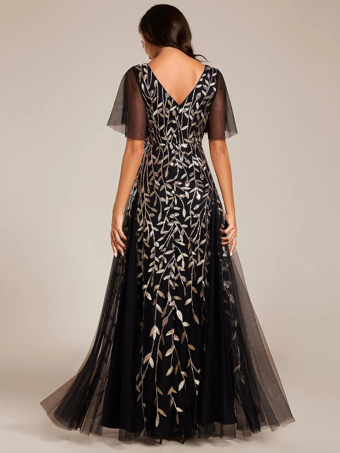 Ever-Pretty Women's Sequin Sparkly V-Neck Short Sleeve Maxi Evening Dress 00734