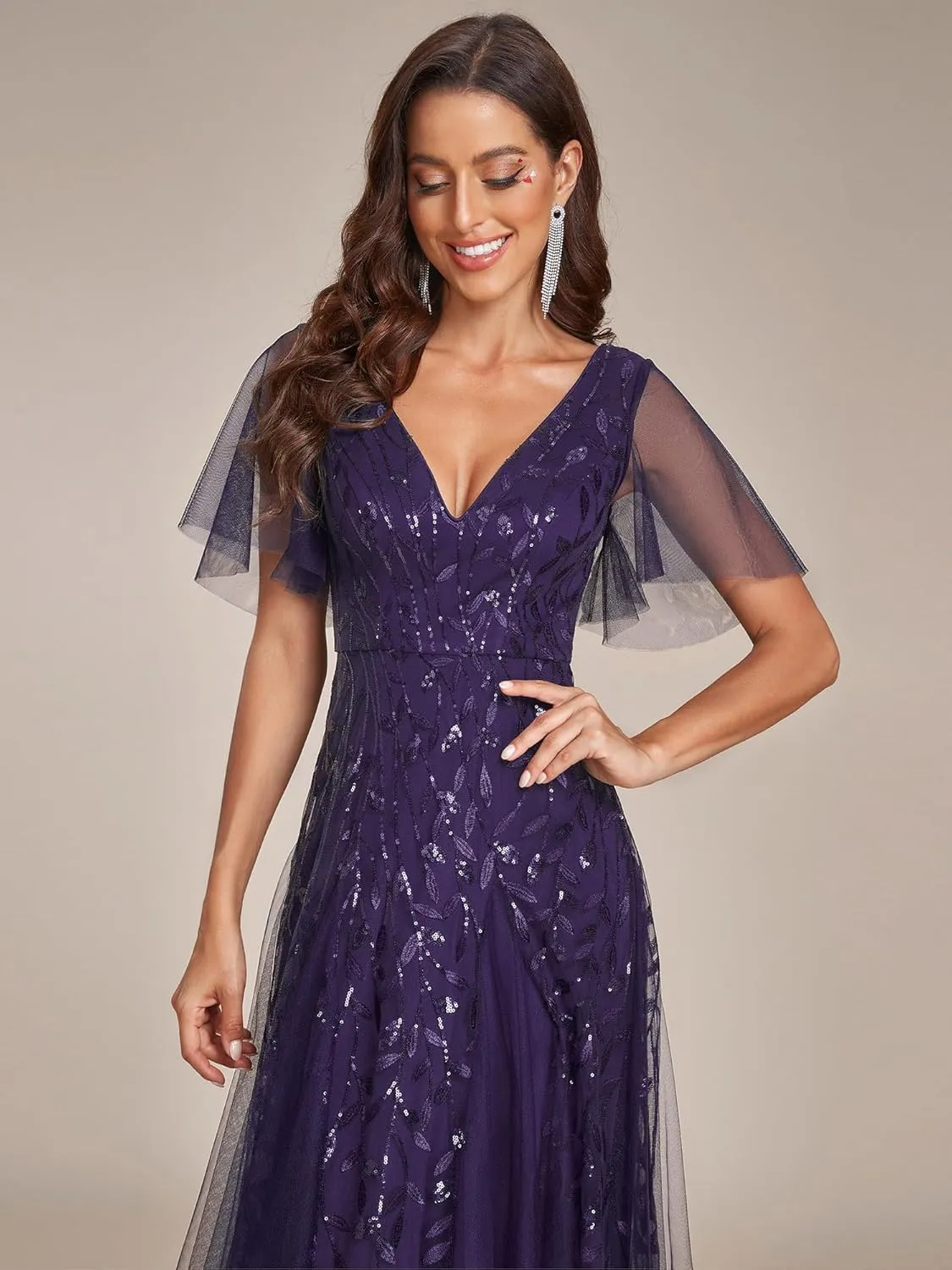 Ever-Pretty Women's Sequin Sparkly V-Neck Short Sleeve Maxi Evening Dress 00734