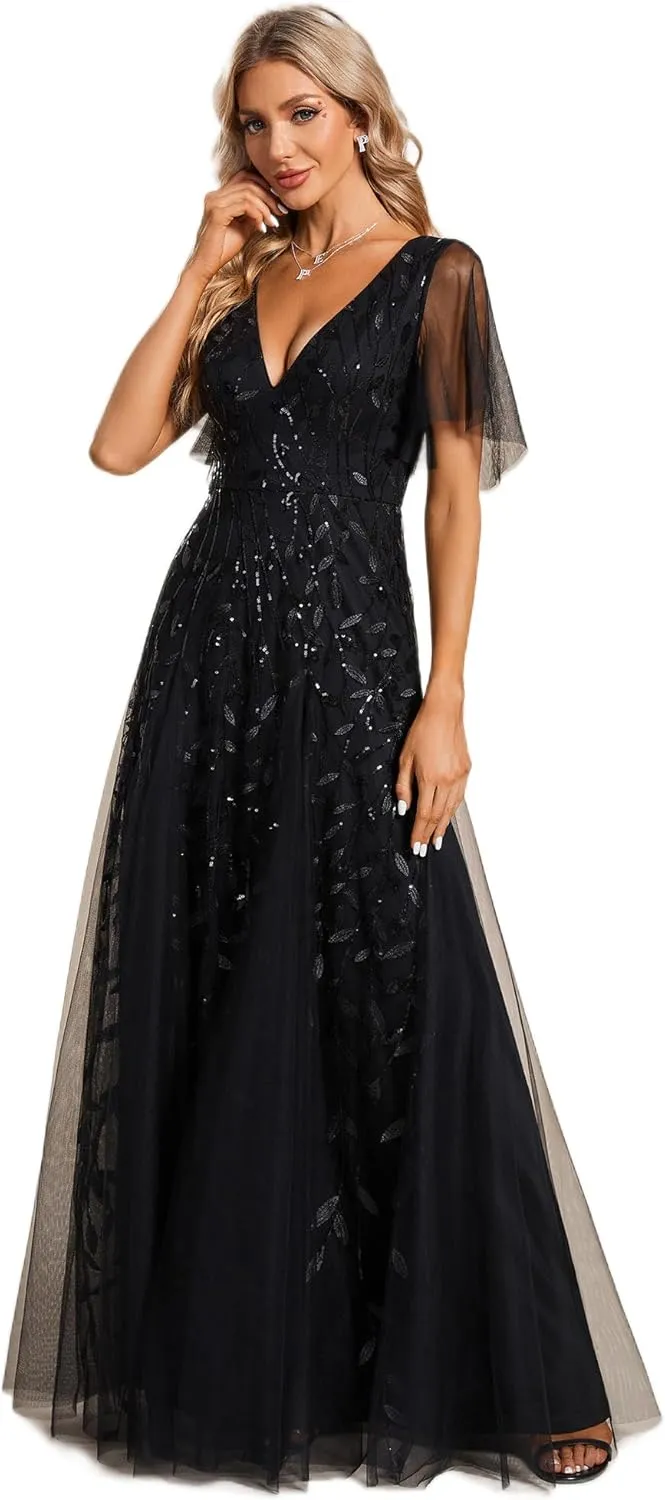 Ever-Pretty Women's Sequin Sparkly V-Neck Short Sleeve Maxi Evening Dress 00734