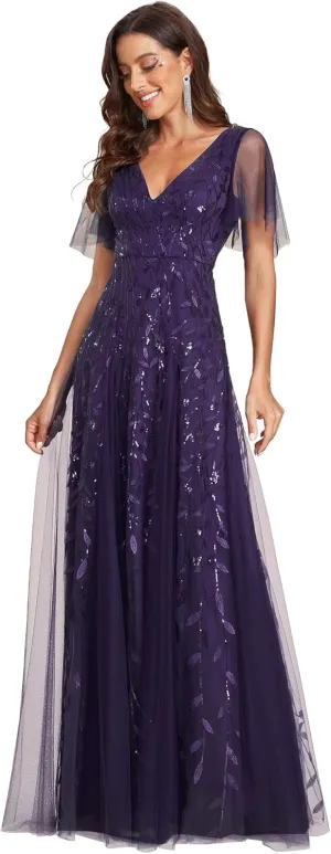 Ever-Pretty Women's Sequin Sparkly V-Neck Short Sleeve Maxi Evening Dress 00734