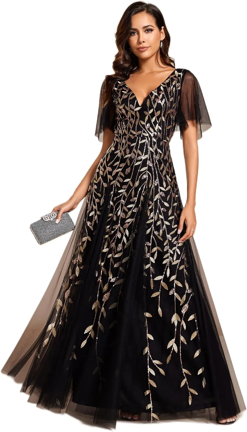 Ever-Pretty Women's Sequin Sparkly V-Neck Short Sleeve Maxi Evening Dress 00734