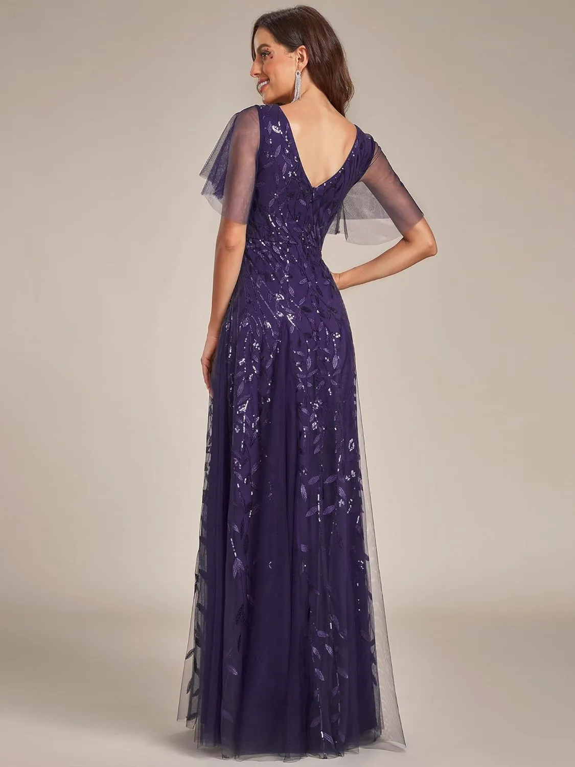 Ever-Pretty Women's Sequin Sparkly V-Neck Short Sleeve Maxi Evening Dress 00734