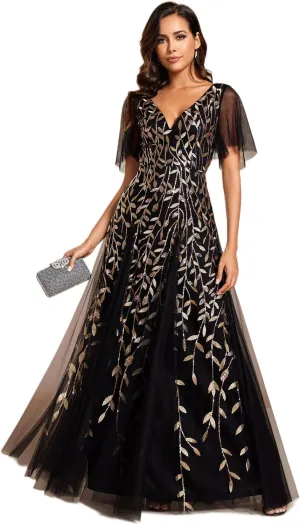 Ever-Pretty Women's Sequin Sparkly V-Neck Short Sleeve Maxi Evening Dress 00734