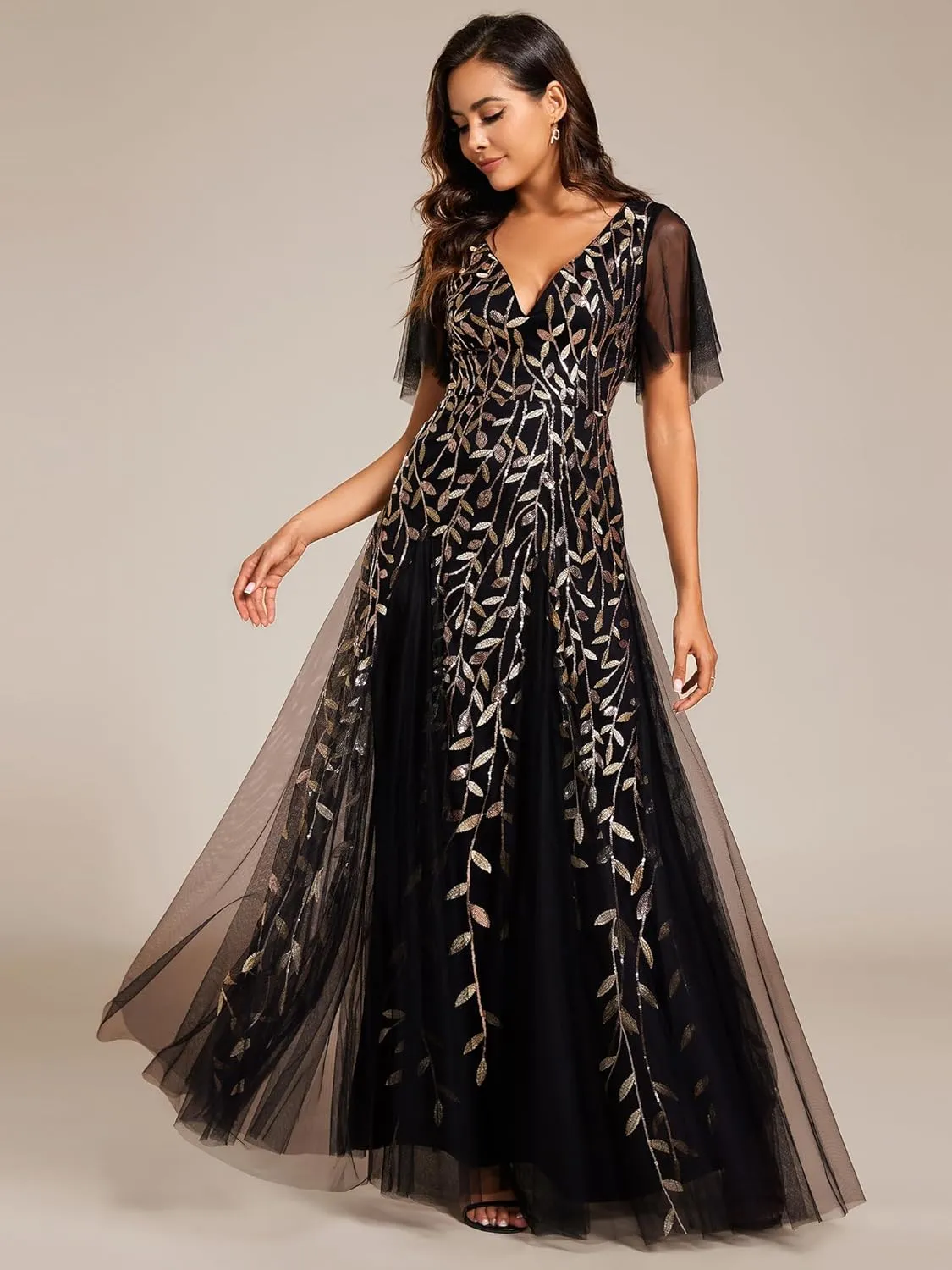 Ever-Pretty Women's Sequin Sparkly V-Neck Short Sleeve Maxi Evening Dress 00734