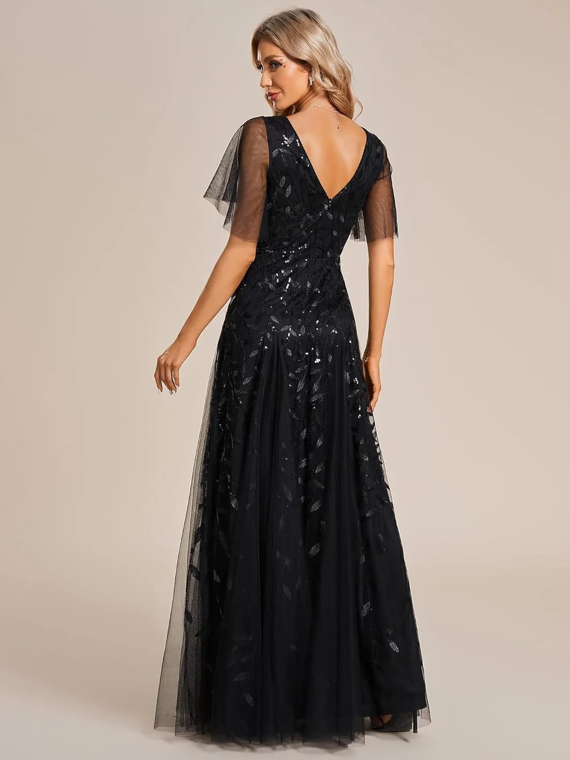 Ever-Pretty Women's Sequin Sparkly V-Neck Short Sleeve Maxi Evening Dress 00734