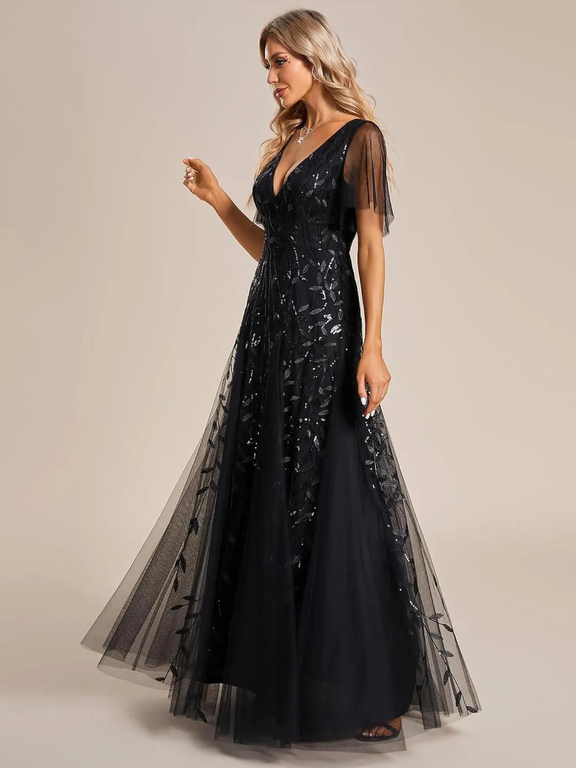 Ever-Pretty Women's Sequin Sparkly V-Neck Short Sleeve Maxi Evening Dress 00734