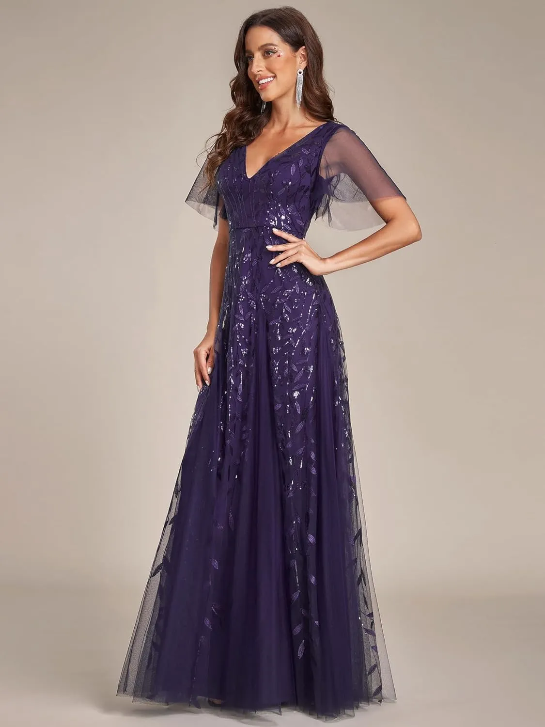 Ever-Pretty Women's Sequin Sparkly V-Neck Short Sleeve Maxi Evening Dress 00734