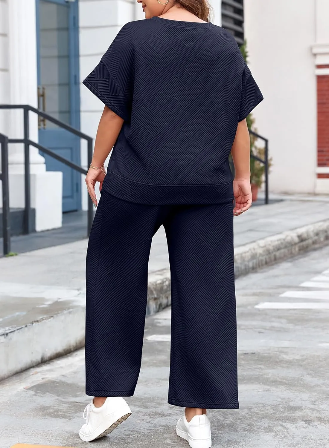 Eytino Womens Plus Size Sweatsuits Casual Short Sleeve Tops High Waist Wide Leg Pants 2 Piece Tracksuit Lounge Sets(1X-5X)