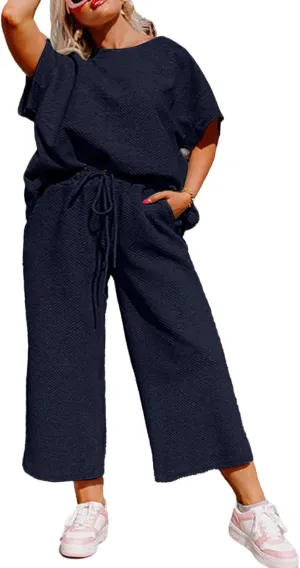 Eytino Womens Plus Size Sweatsuits Casual Short Sleeve Tops High Waist Wide Leg Pants 2 Piece Tracksuit Lounge Sets(1X-5X)