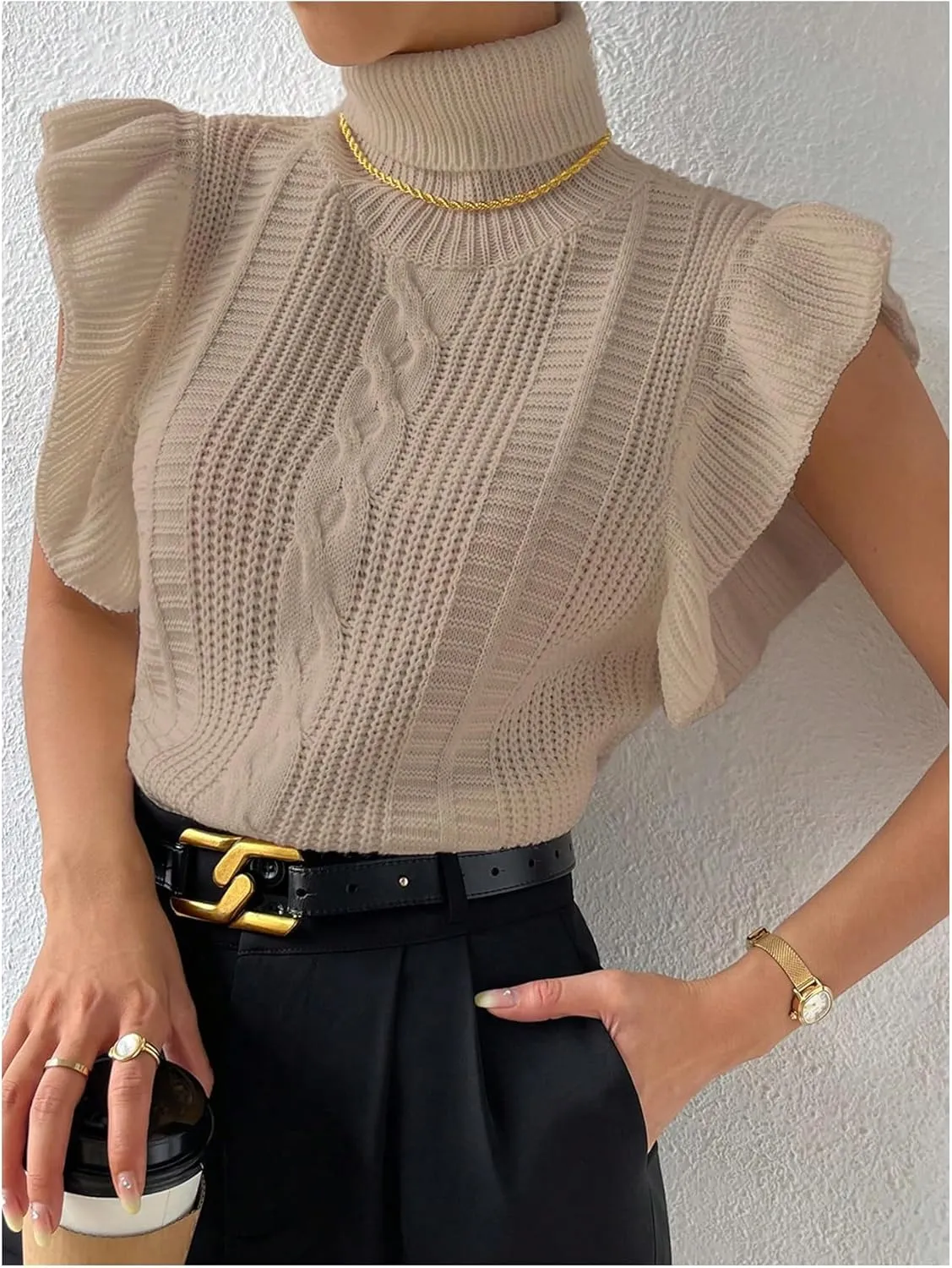 Floerns Women's Ruffle Trim Cable Knit Sweater Vest Turtleneck Sleeveless Tank Tops