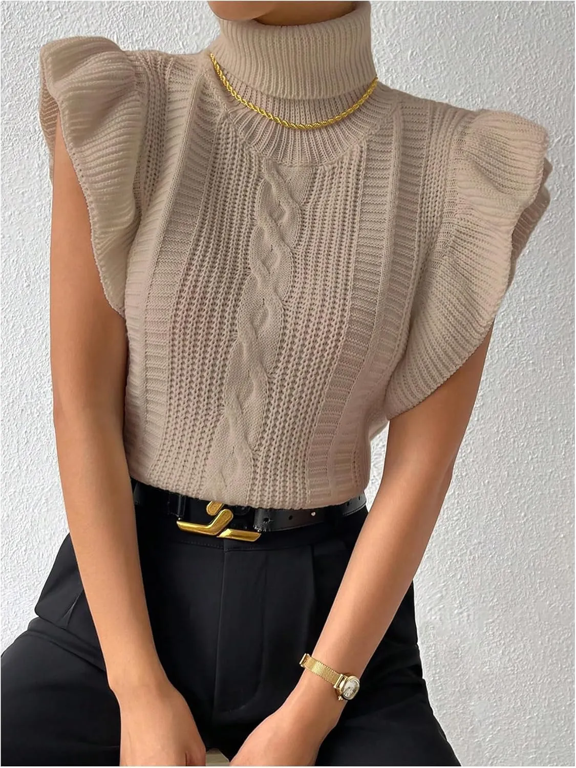 Floerns Women's Ruffle Trim Cable Knit Sweater Vest Turtleneck Sleeveless Tank Tops