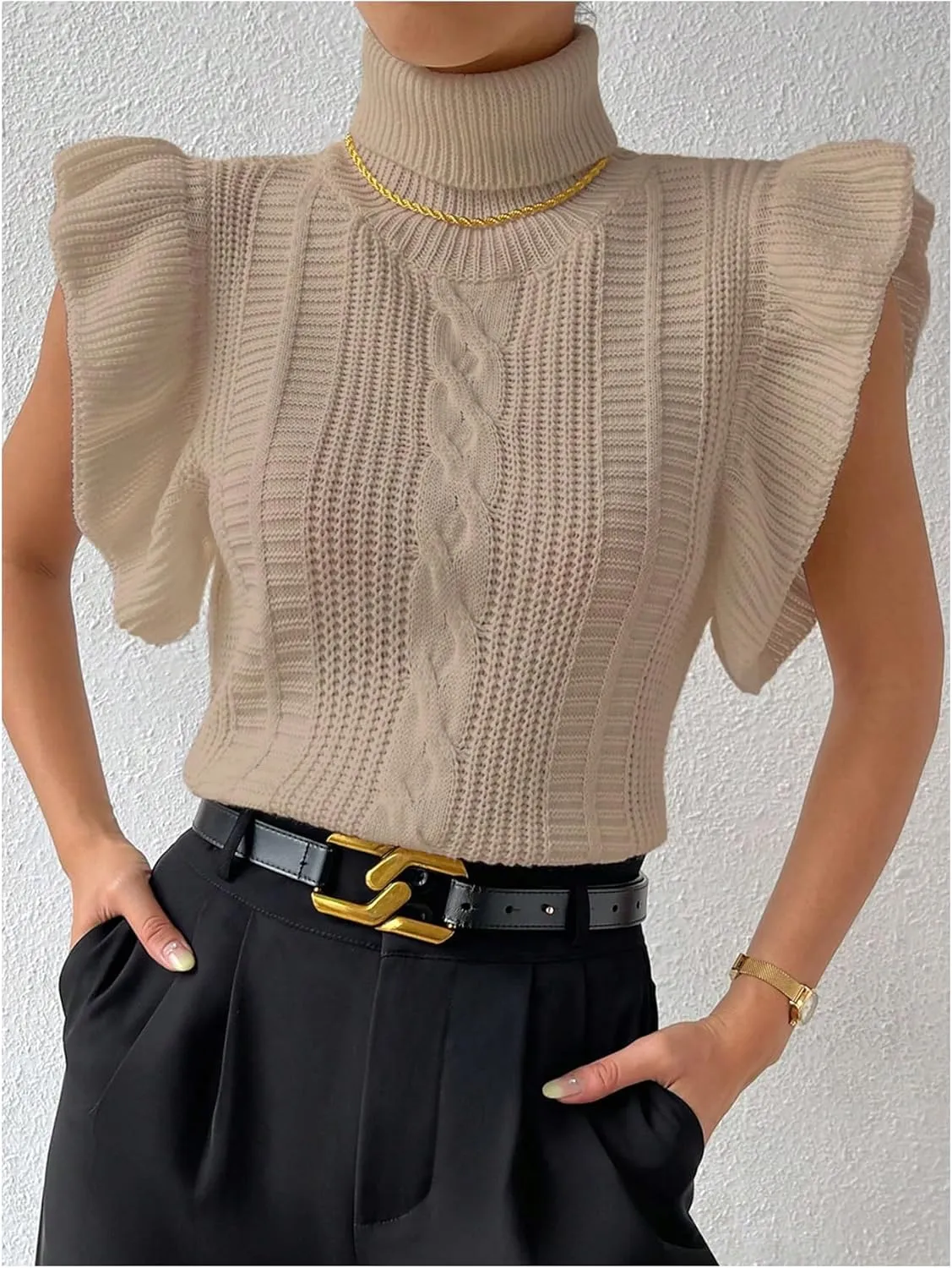 Floerns Women's Ruffle Trim Cable Knit Sweater Vest Turtleneck Sleeveless Tank Tops