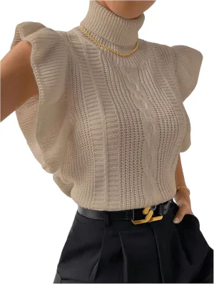 Floerns Women's Ruffle Trim Cable Knit Sweater Vest Turtleneck Sleeveless Tank Tops