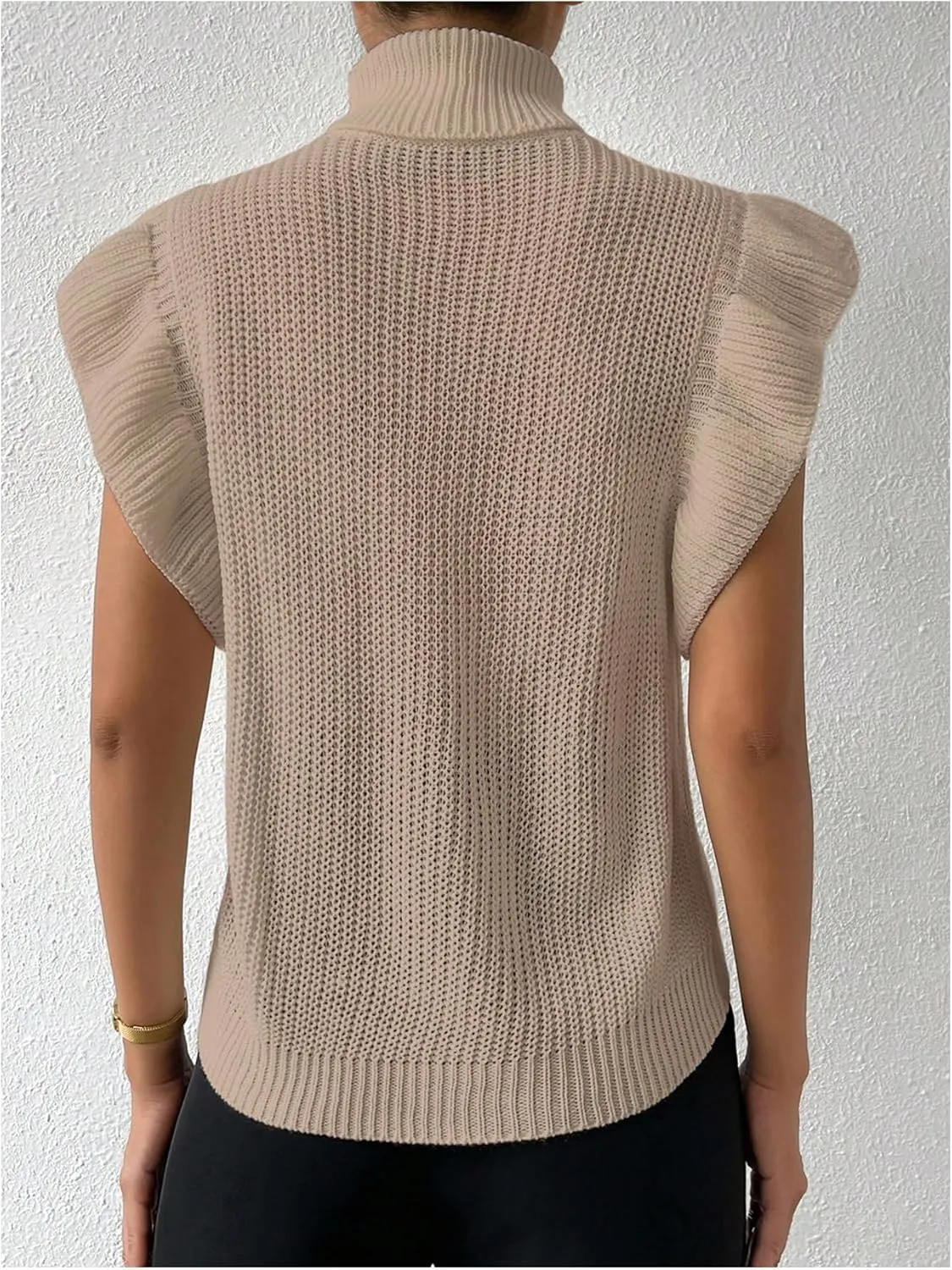 Floerns Women's Ruffle Trim Cable Knit Sweater Vest Turtleneck Sleeveless Tank Tops