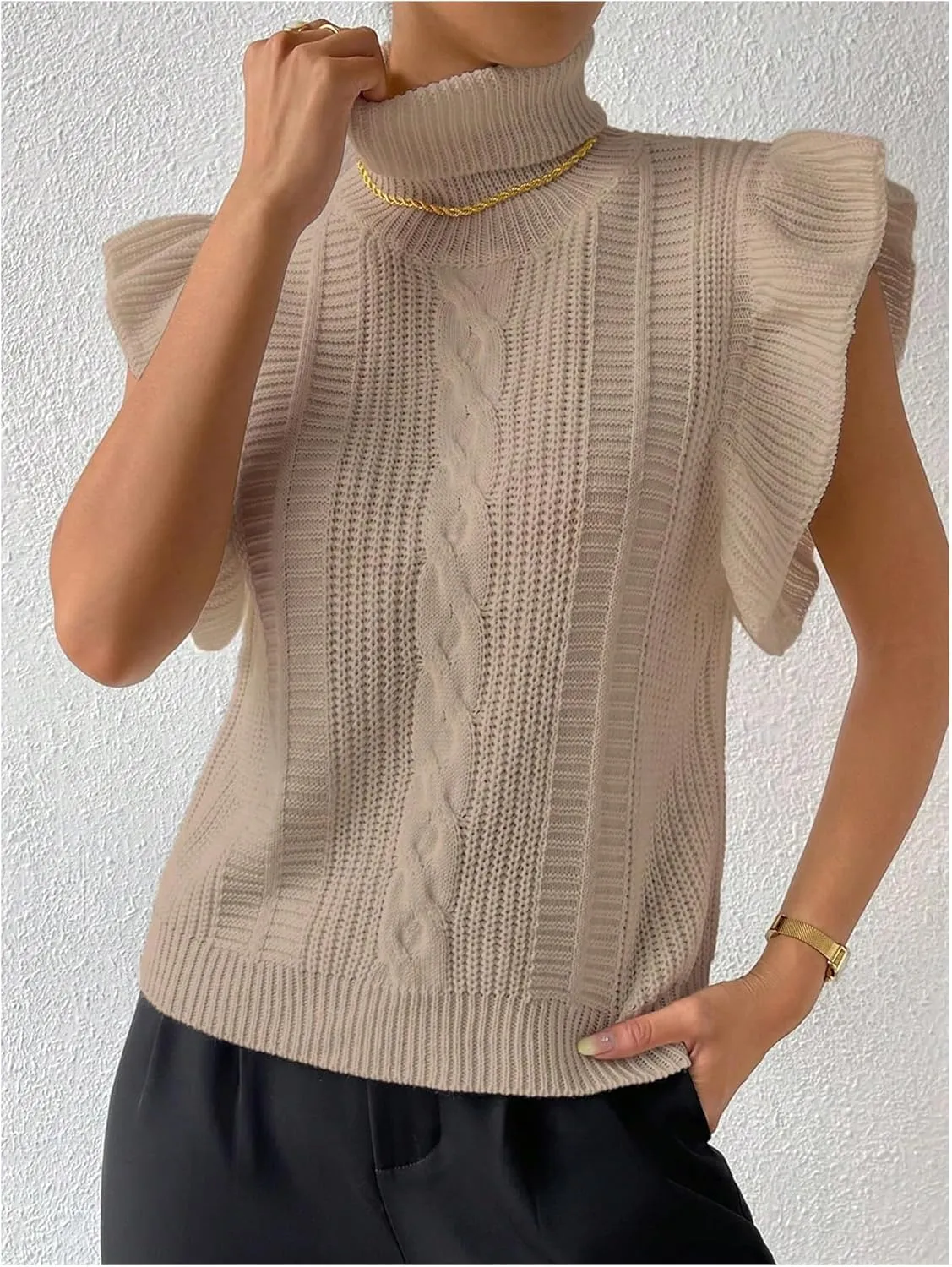 Floerns Women's Ruffle Trim Cable Knit Sweater Vest Turtleneck Sleeveless Tank Tops