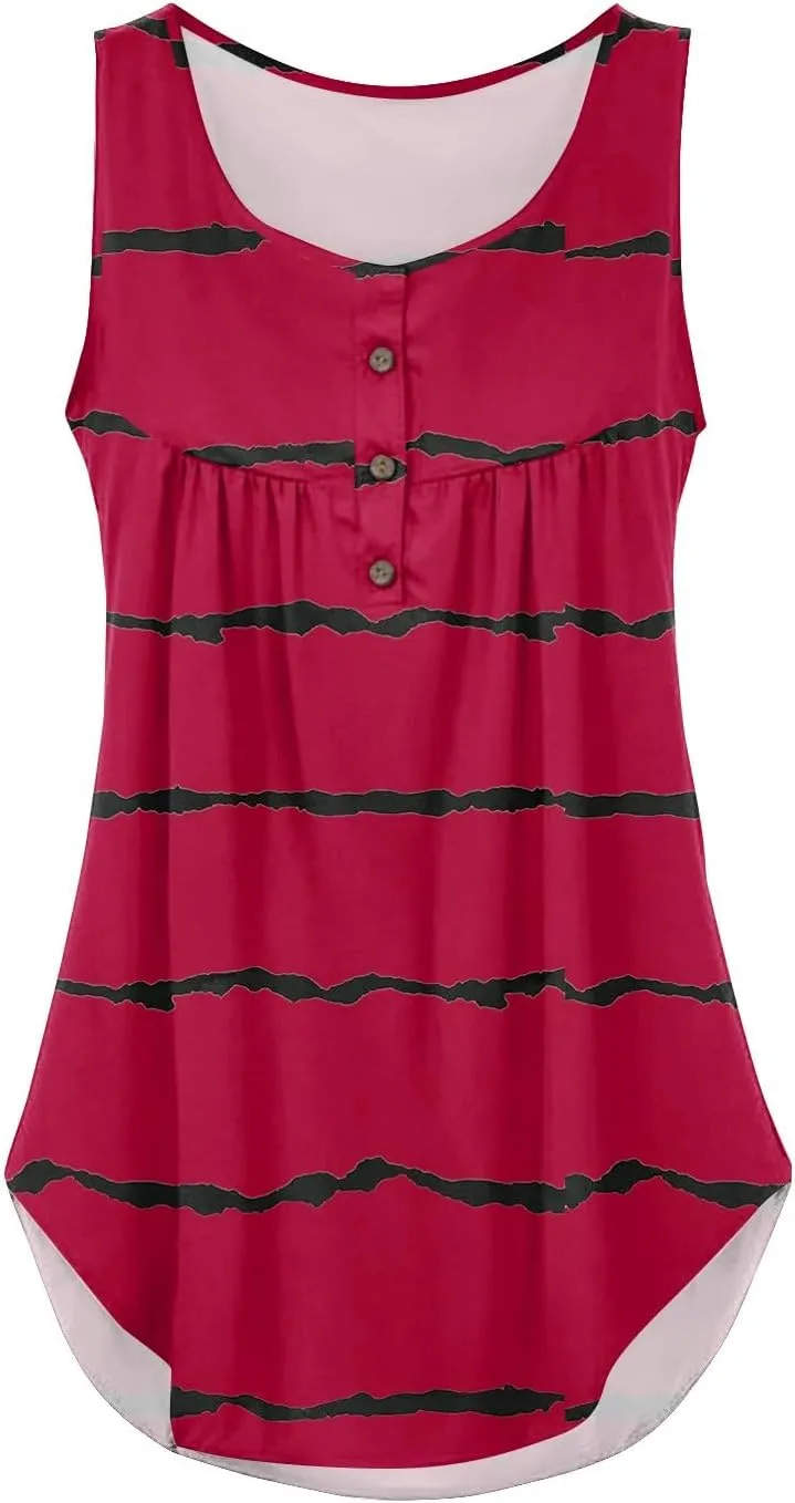 Flowy Tank Tops Women 2025 Summer Henley Button Stripe Printed Sleeveless Pleated Front Casual Camis Blouse