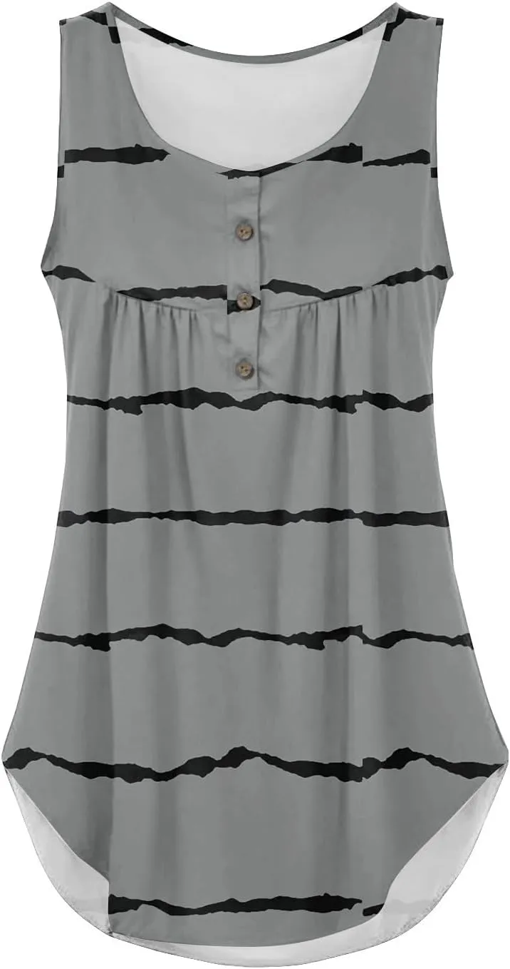 Flowy Tank Tops Women 2025 Summer Henley Button Stripe Printed Sleeveless Pleated Front Casual Camis Blouse