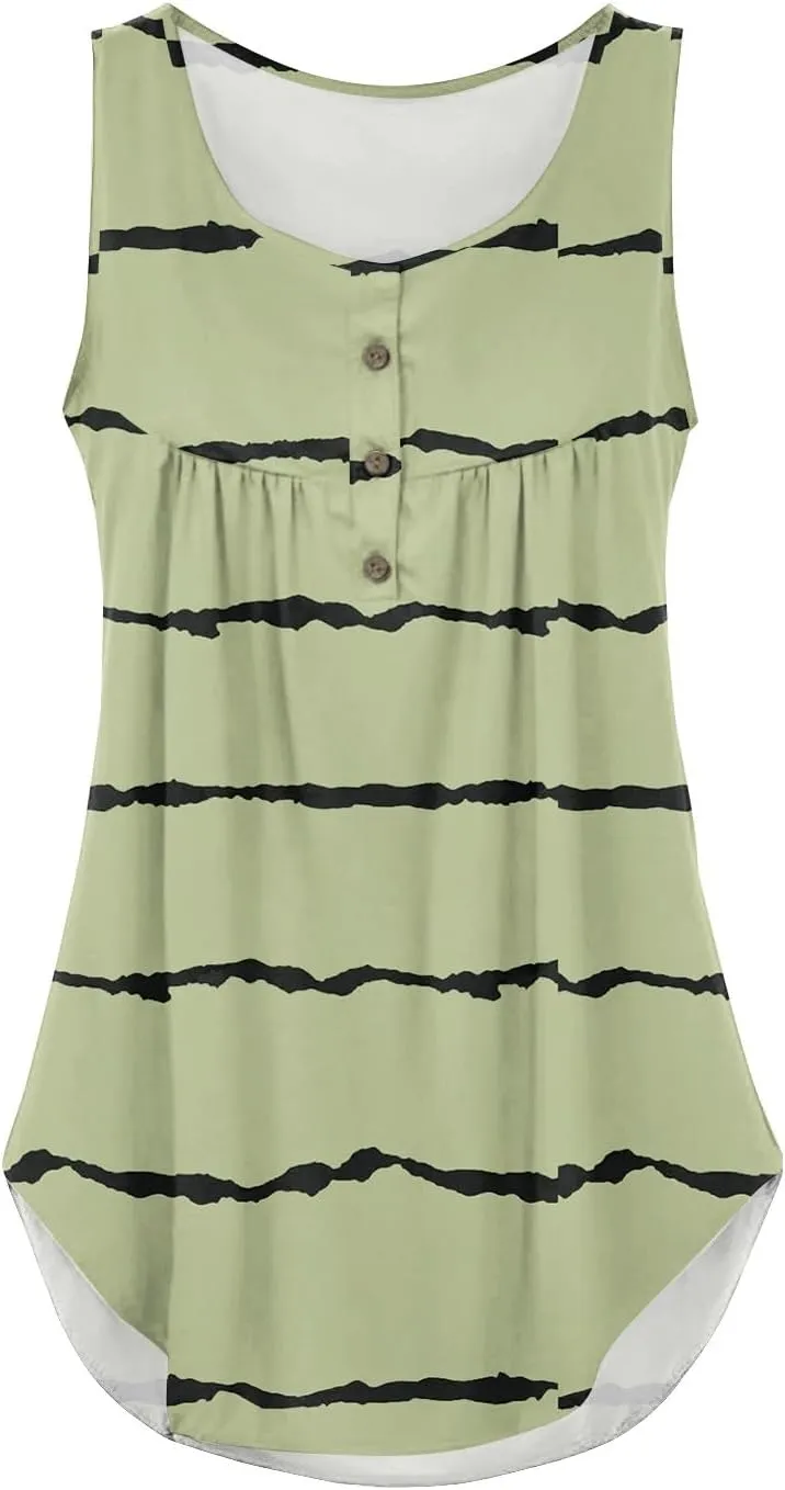 Flowy Tank Tops Women 2025 Summer Henley Button Stripe Printed Sleeveless Pleated Front Casual Camis Blouse