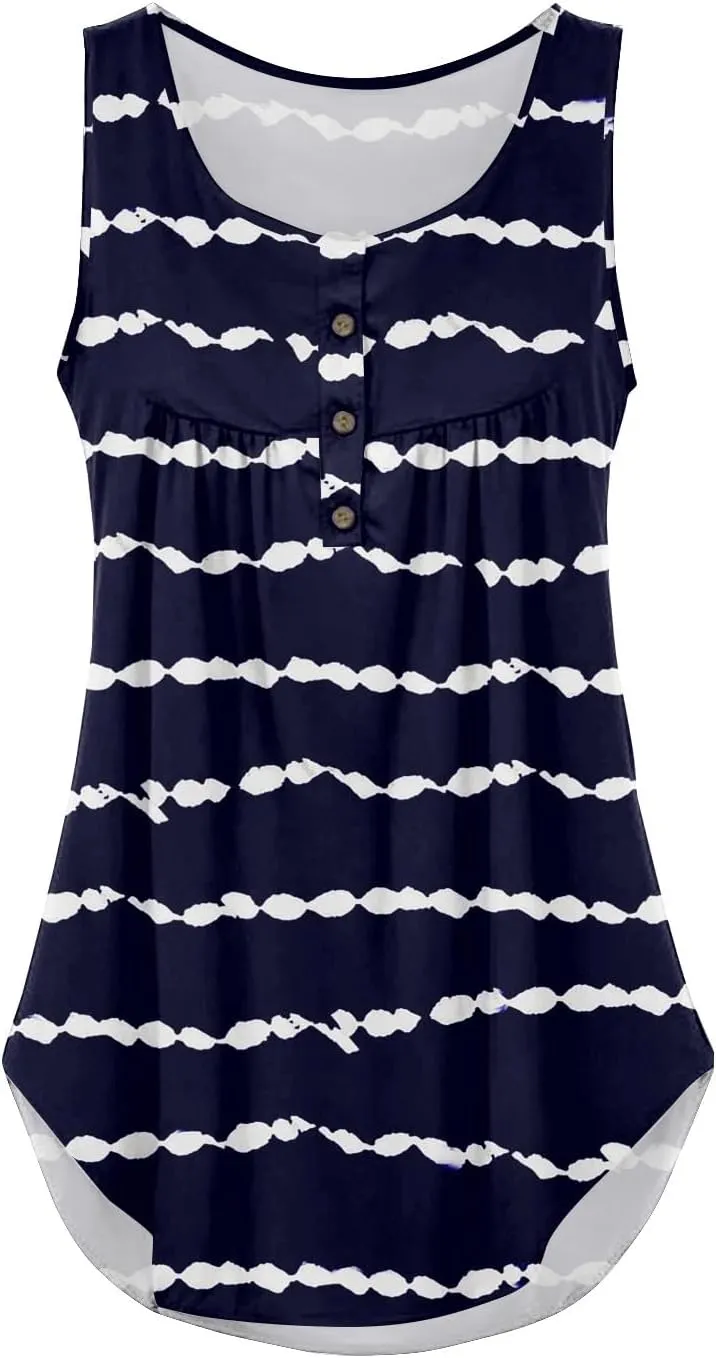 Flowy Tank Tops Women 2025 Summer Henley Button Stripe Printed Sleeveless Pleated Front Casual Camis Blouse
