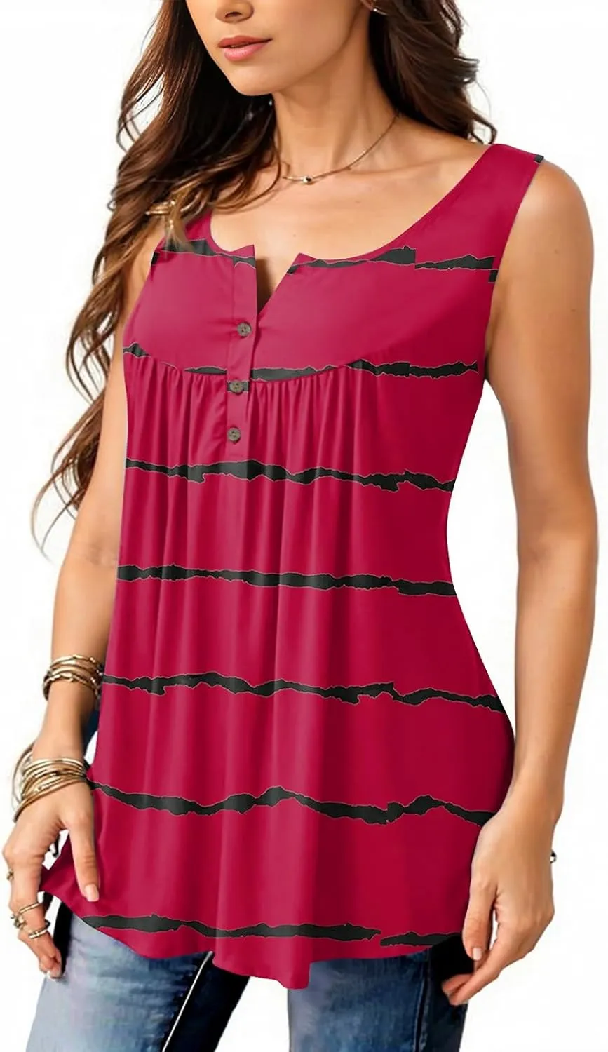 Flowy Tank Tops Women 2025 Summer Henley Button Stripe Printed Sleeveless Pleated Front Casual Camis Blouse