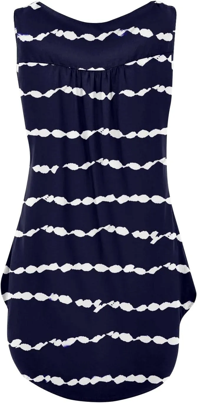 Flowy Tank Tops Women 2025 Summer Henley Button Stripe Printed Sleeveless Pleated Front Casual Camis Blouse