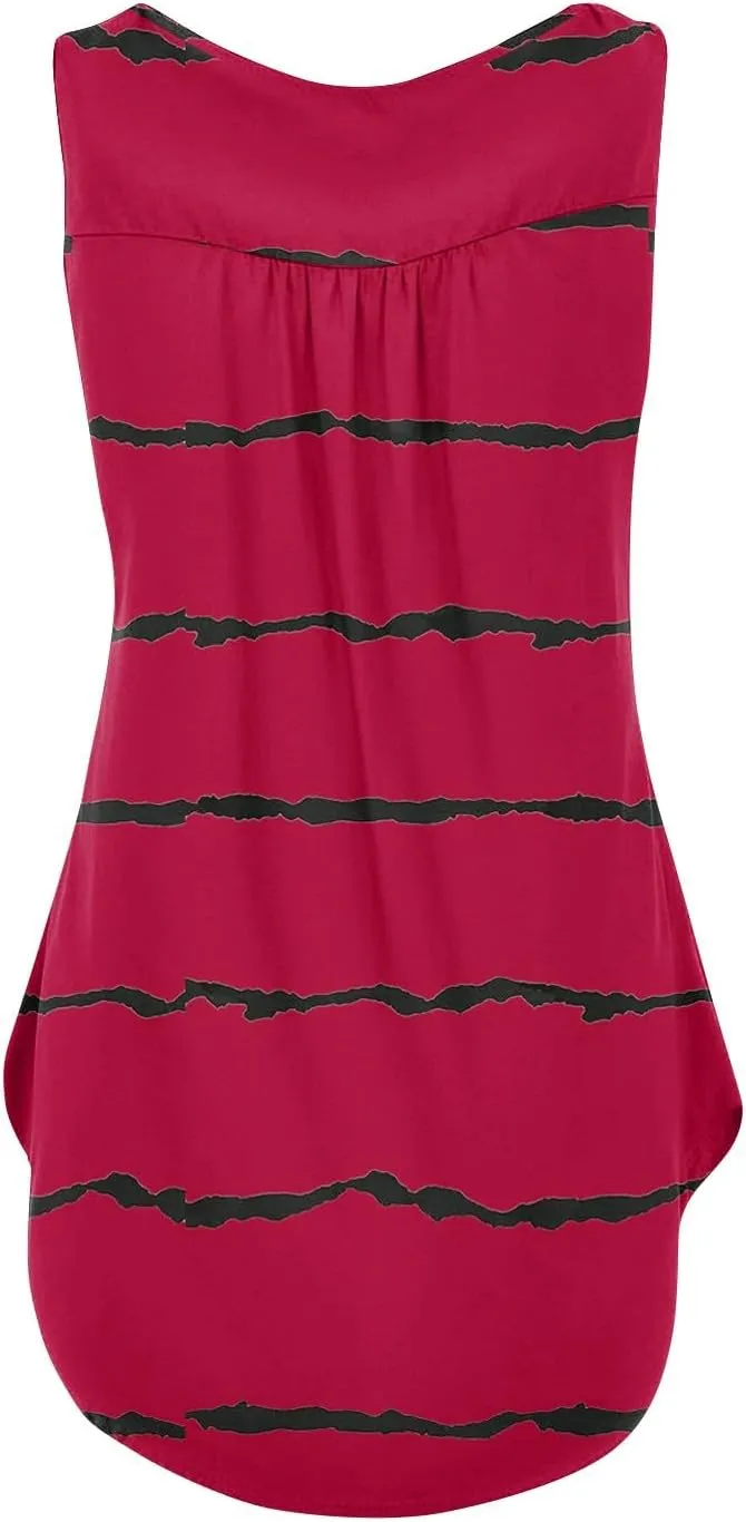 Flowy Tank Tops Women 2025 Summer Henley Button Stripe Printed Sleeveless Pleated Front Casual Camis Blouse