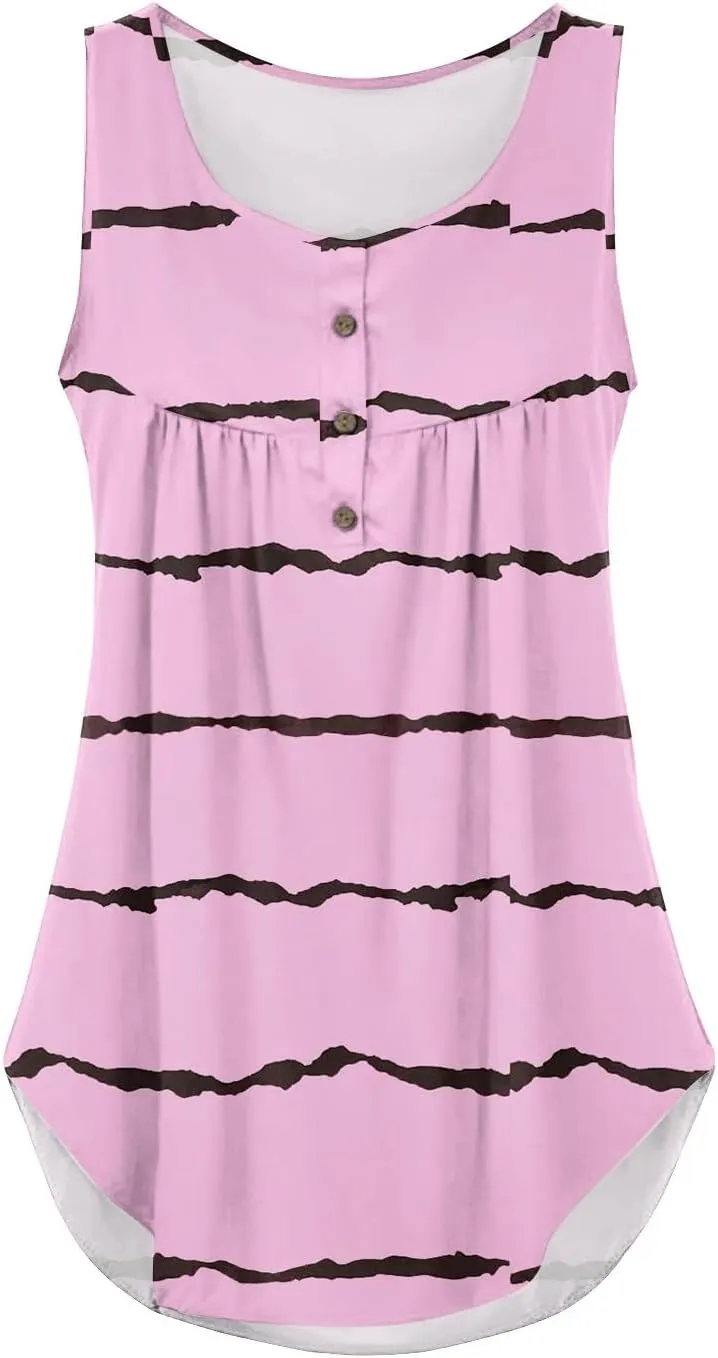 Flowy Tank Tops Women 2025 Summer Henley Button Stripe Printed Sleeveless Pleated Front Casual Camis Blouse