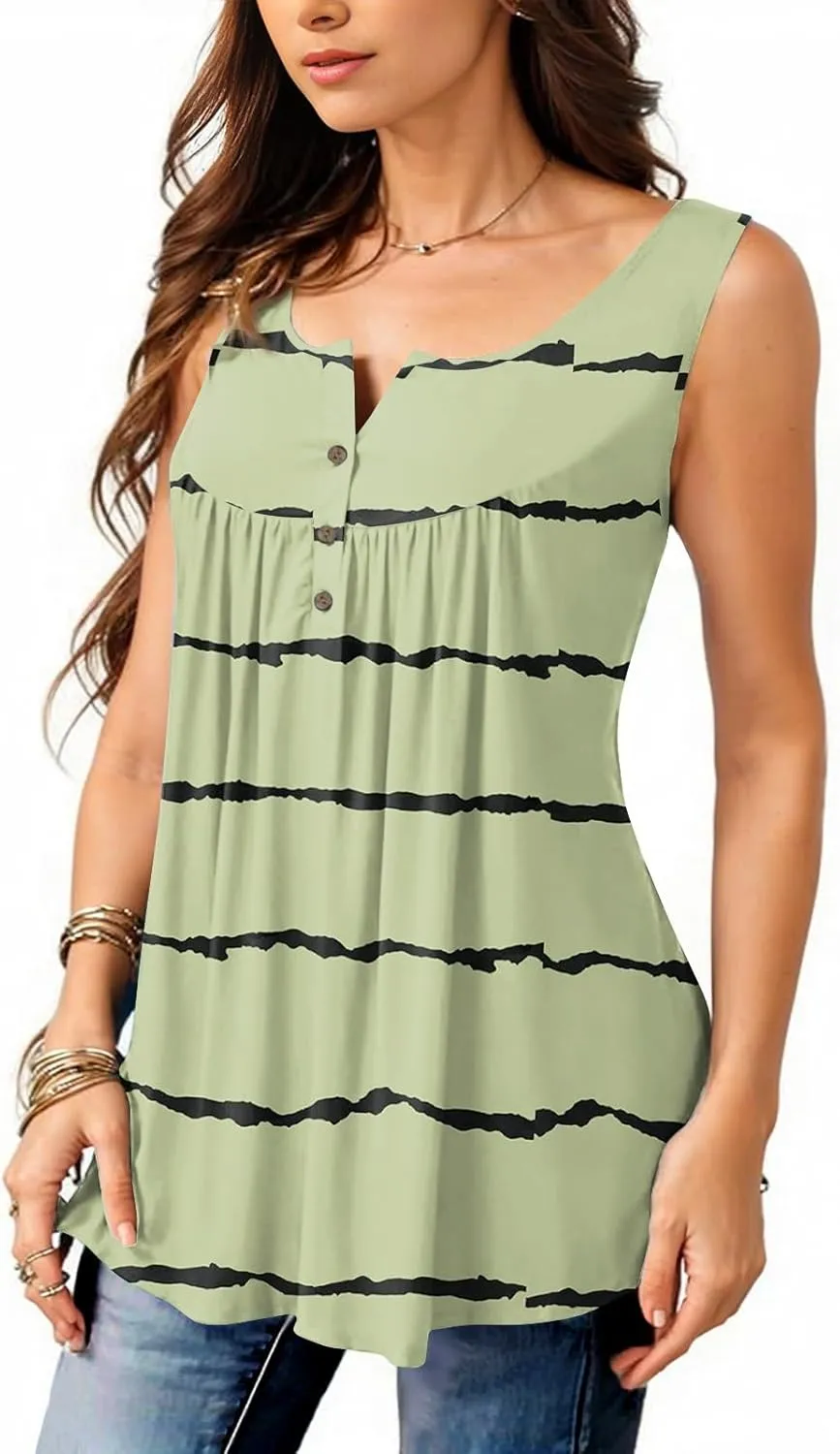 Flowy Tank Tops Women 2025 Summer Henley Button Stripe Printed Sleeveless Pleated Front Casual Camis Blouse