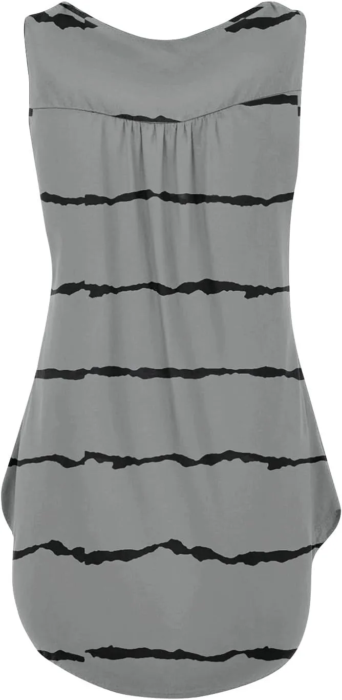 Flowy Tank Tops Women 2025 Summer Henley Button Stripe Printed Sleeveless Pleated Front Casual Camis Blouse