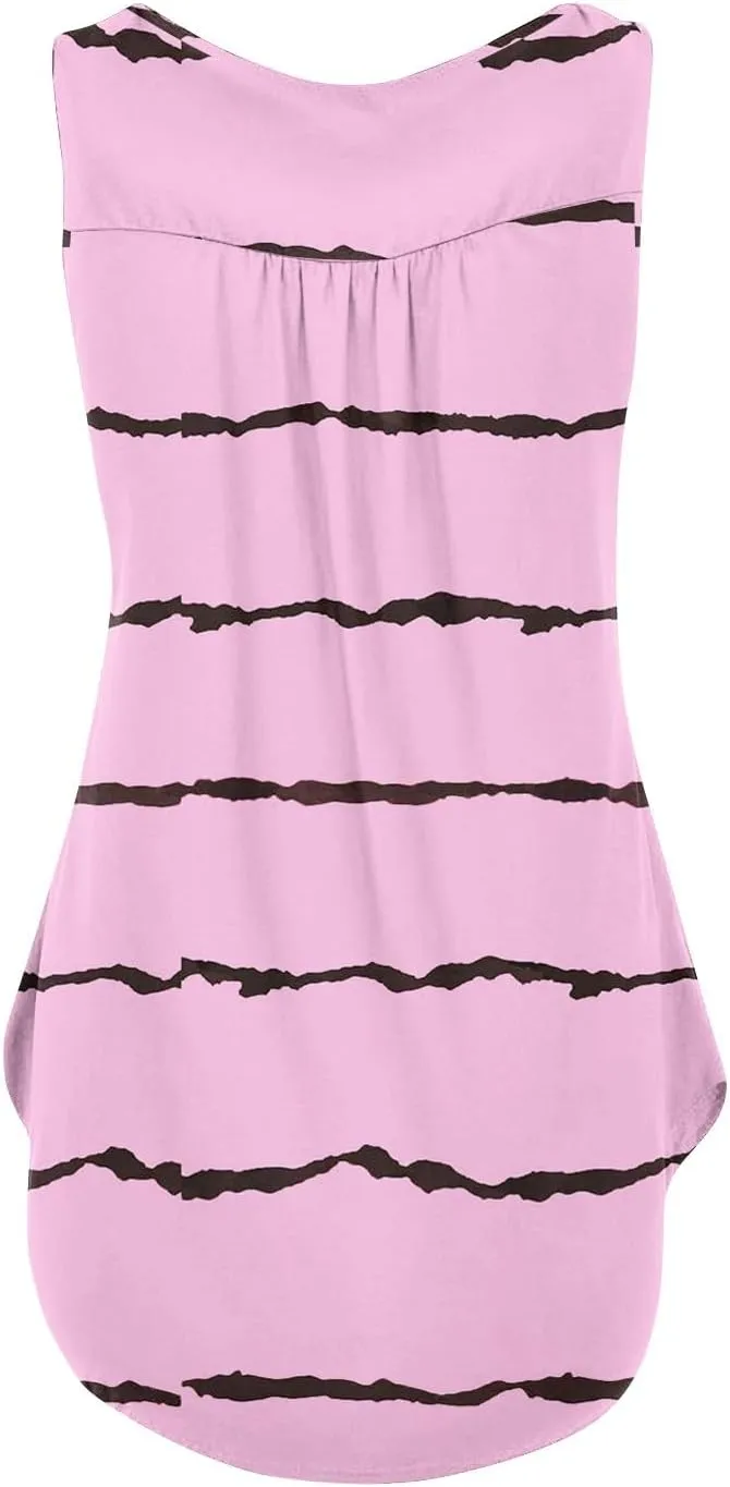 Flowy Tank Tops Women 2025 Summer Henley Button Stripe Printed Sleeveless Pleated Front Casual Camis Blouse