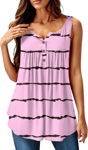 Flowy Tank Tops Women 2025 Summer Henley Button Stripe Printed Sleeveless Pleated Front Casual Camis Blouse
