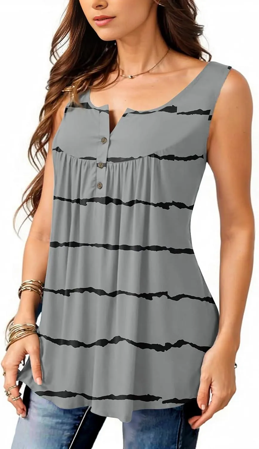 Flowy Tank Tops Women 2025 Summer Henley Button Stripe Printed Sleeveless Pleated Front Casual Camis Blouse