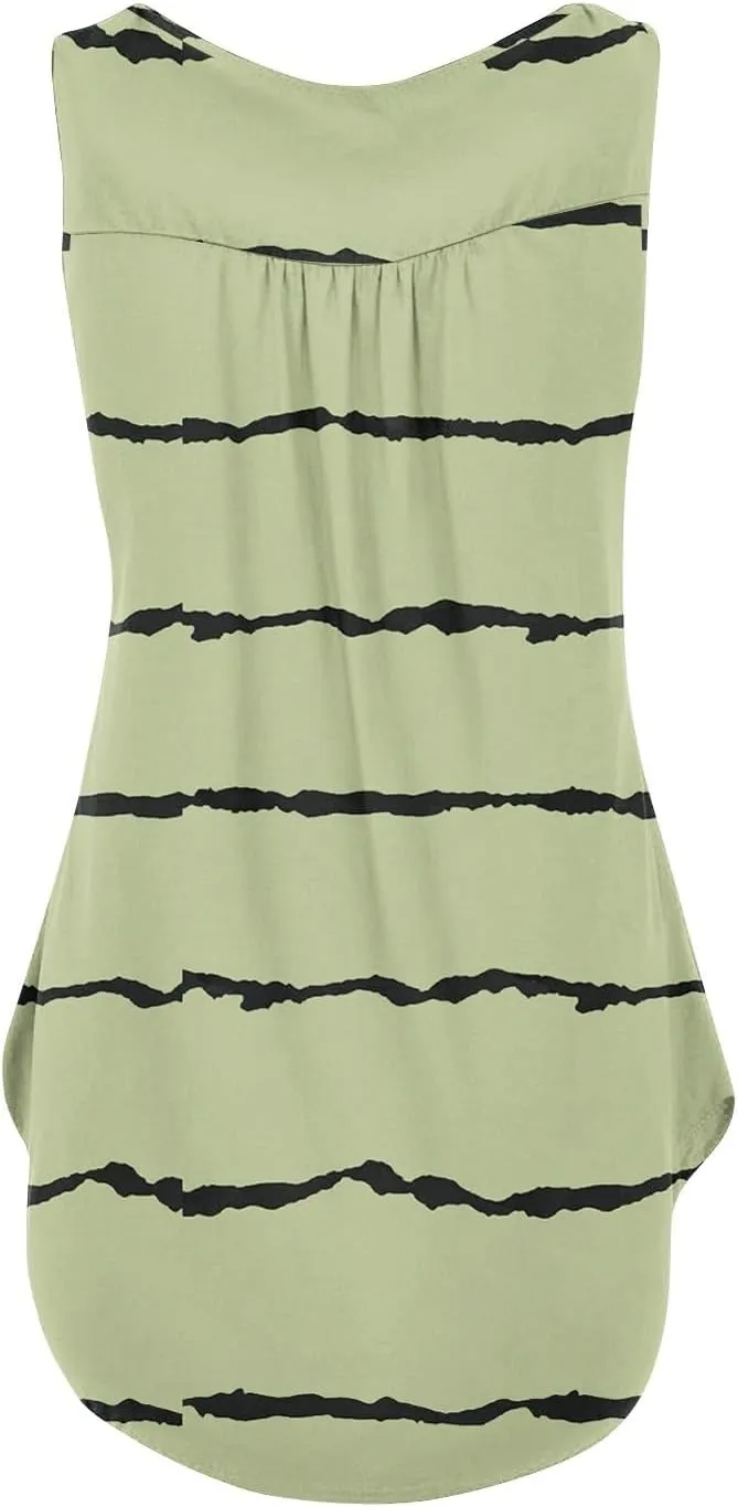 Flowy Tank Tops Women 2025 Summer Henley Button Stripe Printed Sleeveless Pleated Front Casual Camis Blouse