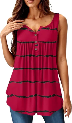 Flowy Tank Tops Women 2025 Summer Henley Button Stripe Printed Sleeveless Pleated Front Casual Camis Blouse