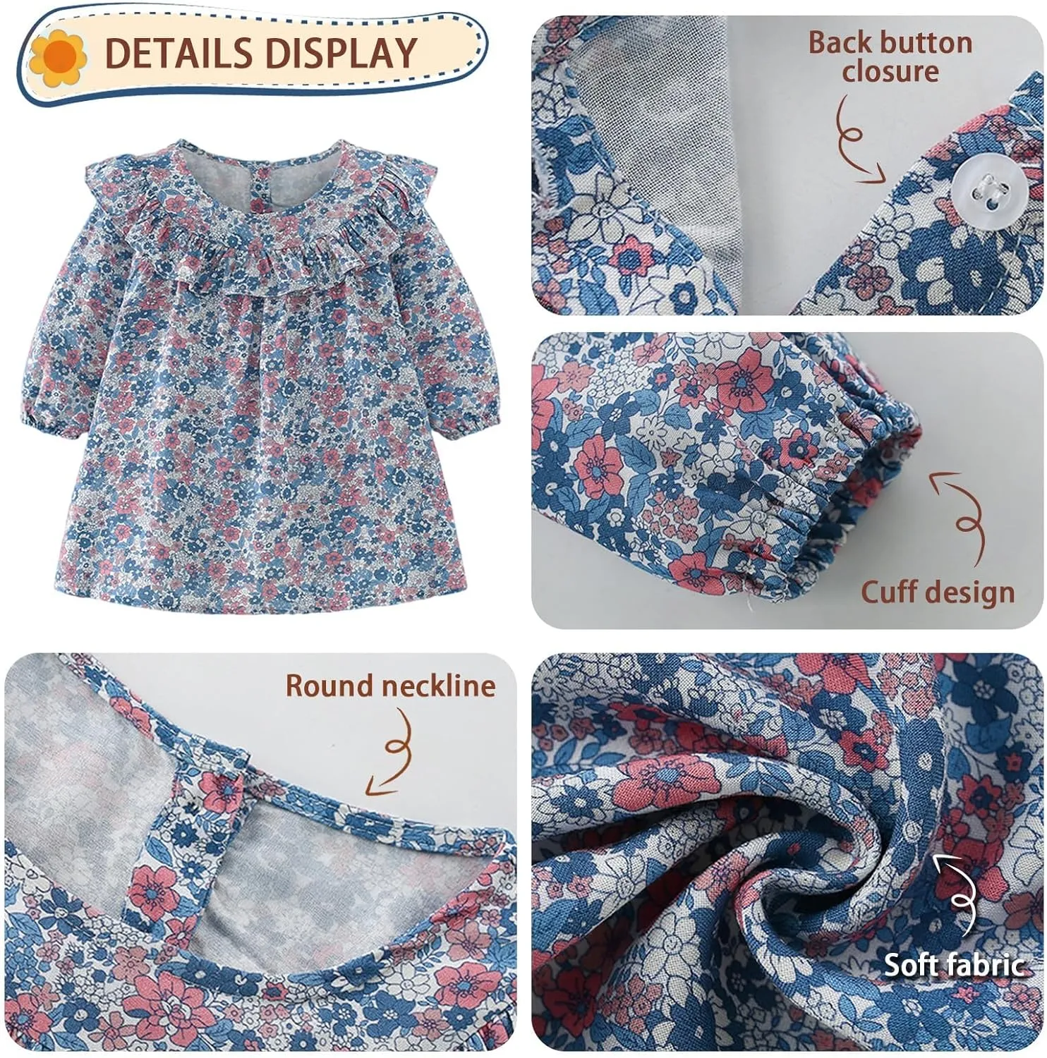 Girl Dress Casual Floral Applique Peter Pan Collar Long Sleeve Tutu Fall Christmas Tunic Shirt Clothes