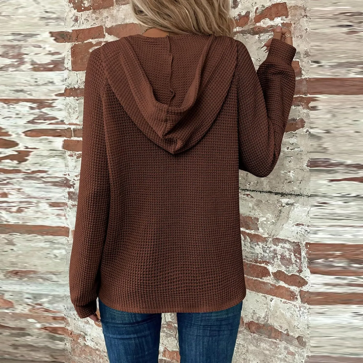 GOFULY Oversized Sweatshirt For Women Waffle Button Hoodie Fall V Neck Shirts Long Sleeve Solid Drawstring Hoodies Pullover