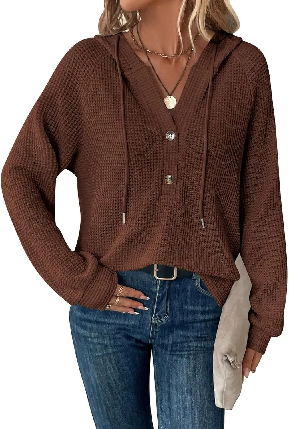 GOFULY Oversized Sweatshirt For Women Waffle Button Hoodie Fall V Neck Shirts Long Sleeve Solid Drawstring Hoodies Pullover
