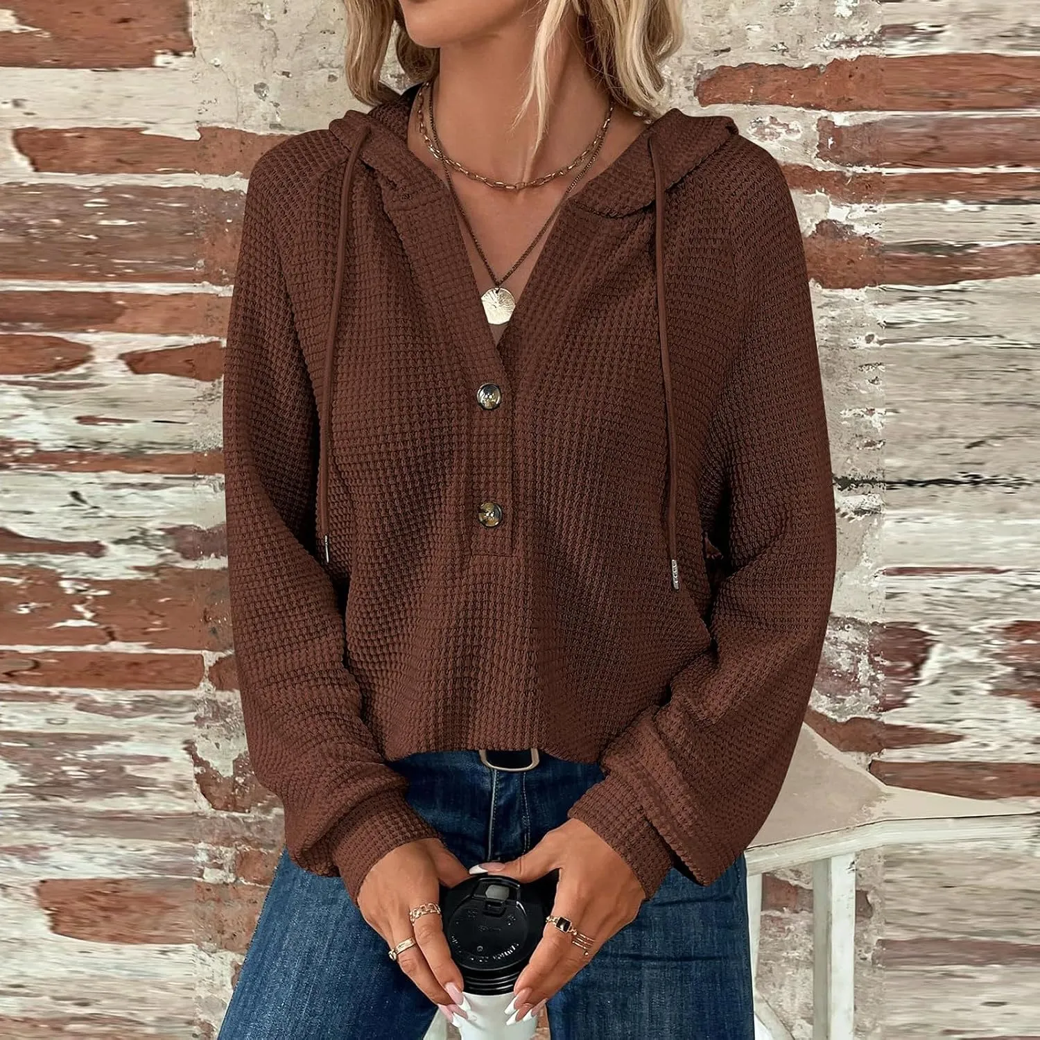 GOFULY Oversized Sweatshirt For Women Waffle Button Hoodie Fall V Neck Shirts Long Sleeve Solid Drawstring Hoodies Pullover