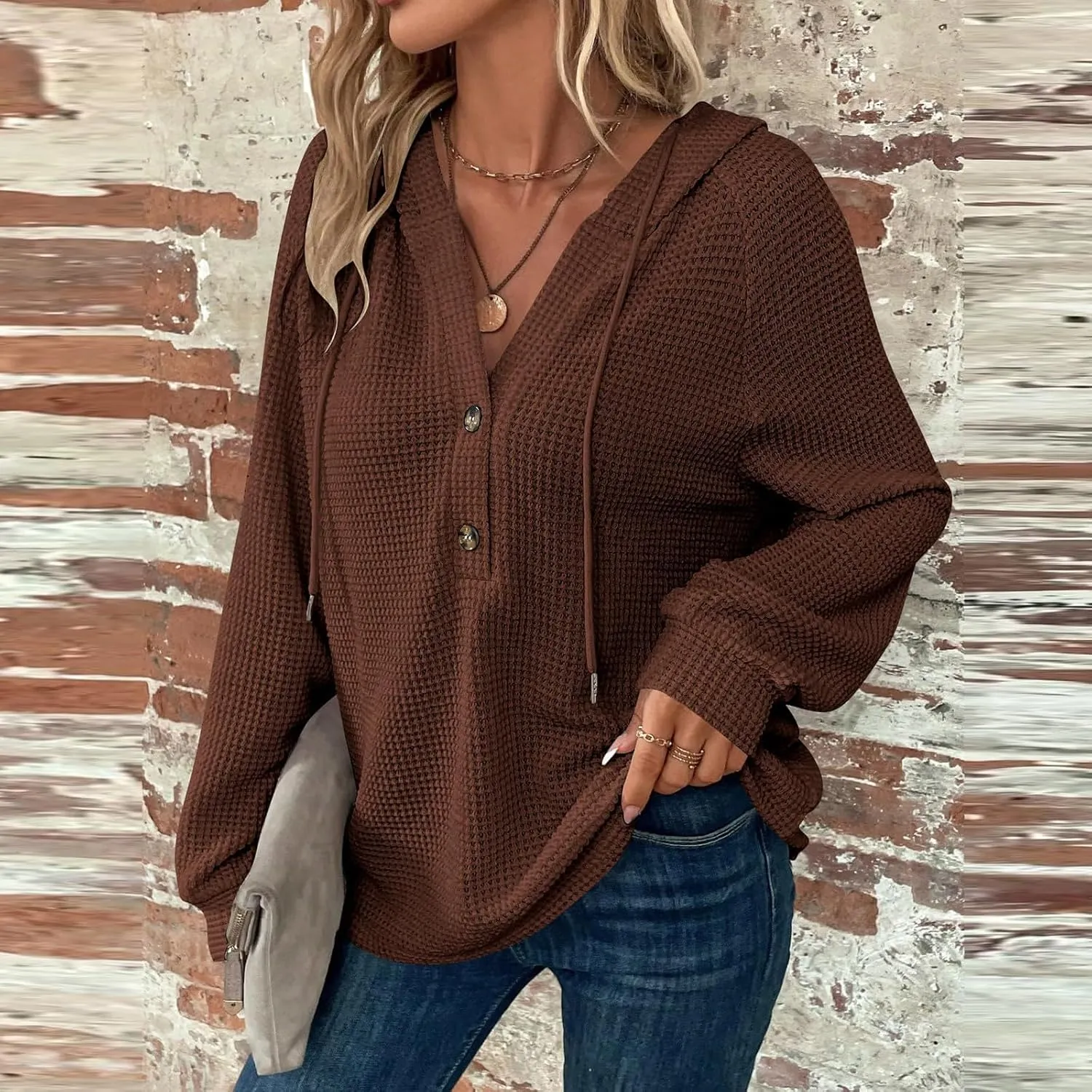 GOFULY Oversized Sweatshirt For Women Waffle Button Hoodie Fall V Neck Shirts Long Sleeve Solid Drawstring Hoodies Pullover