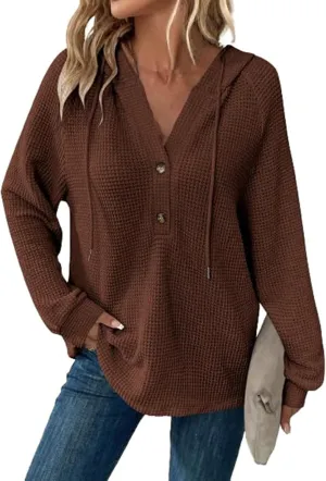 GOFULY Oversized Sweatshirt For Women Waffle Button Hoodie Fall V Neck Shirts Long Sleeve Solid Drawstring Hoodies Pullover