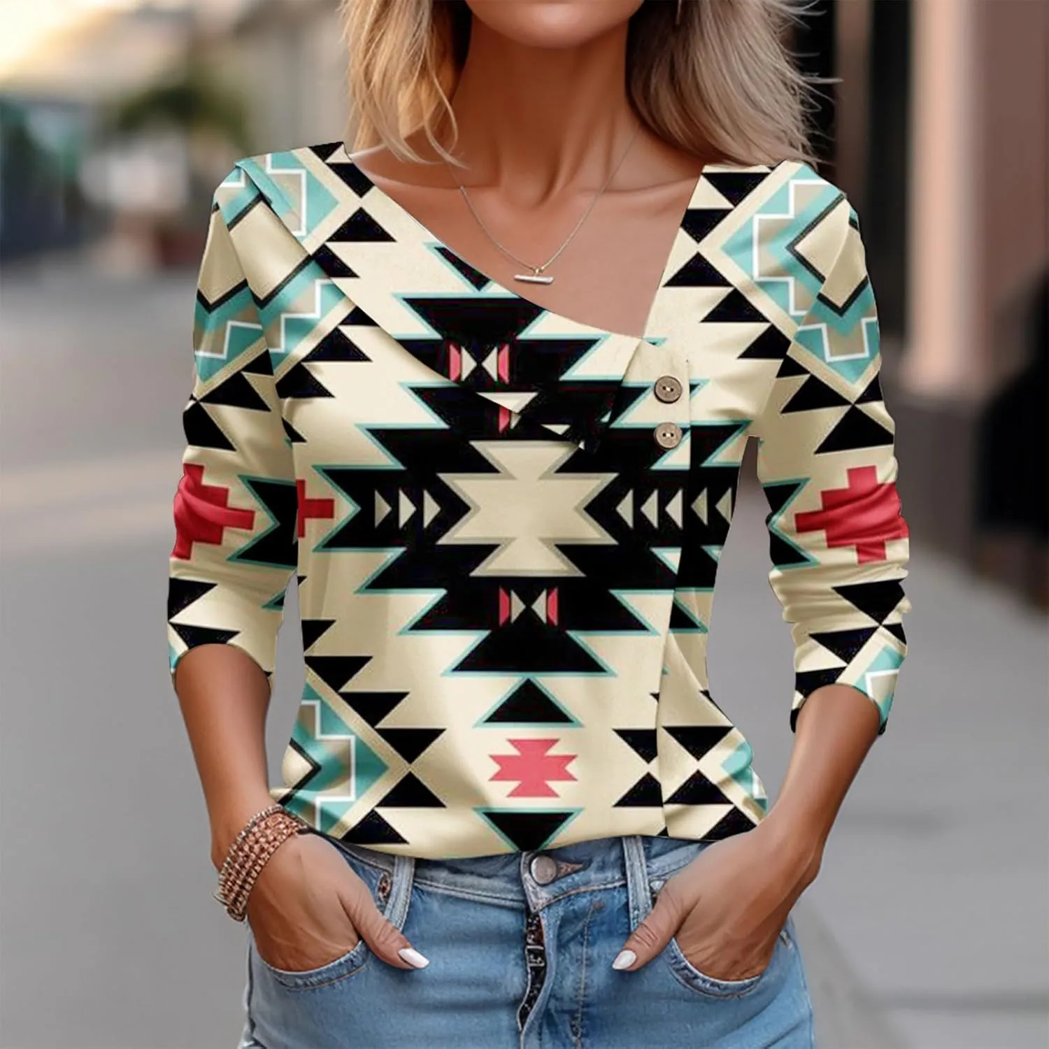 Gold Shirts for Women 3/4 Sleeve Womens Tshirts Cotton Loose Fit Fashion Print V Neck Lapel Woman Shirts Trendy